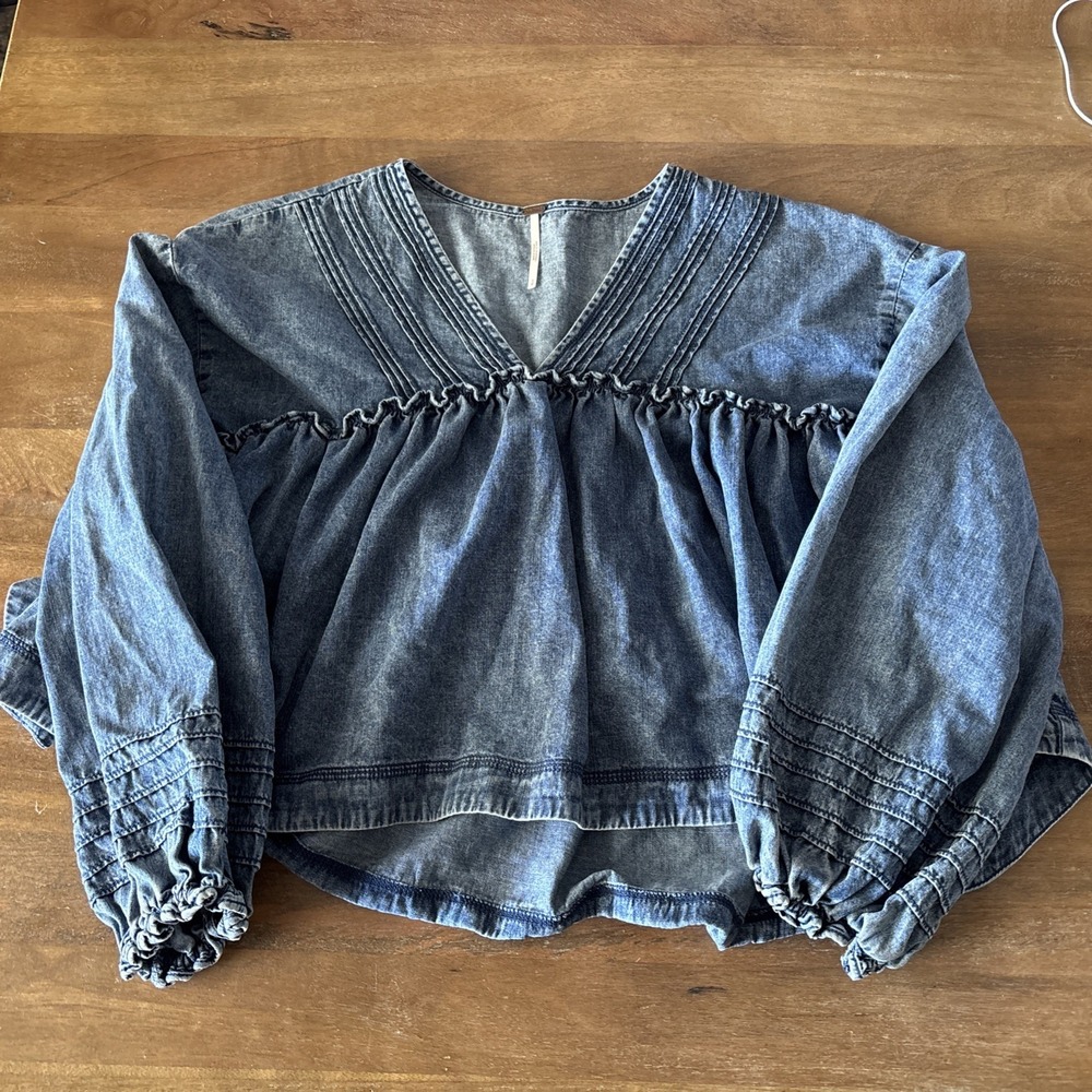 Free People Washed Denim Peasant Blouse in Blue